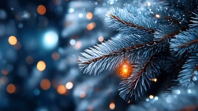 Glowing Christmas Ornament Hanging On Snowy Pine Branch