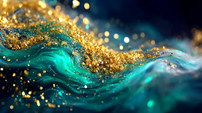 Abstract Teal And Gold Glittering Fluid Motion