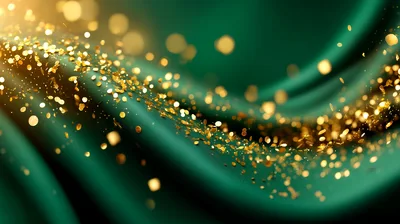 Golden Glitter Particles Flowing Over Green Silk Fabric