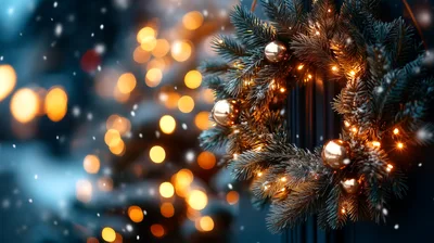 Christmas Wreath With Golden Ornaments And Fairy Lights