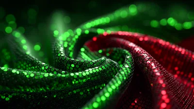 Abstract Swirling Fabric With Green And Red Sequins