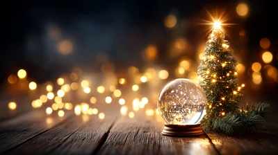 Christmas Snow Globe And Lit Tree On Wooden Table