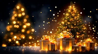 Christmas Tree With Glowing Gifts And Bokeh Lights