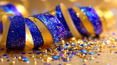 Blue and Gold Glittering Party Ribbons
