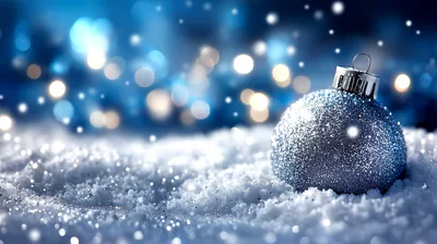 Silver Glittering Christmas Ornament Resting In Fresh Snow