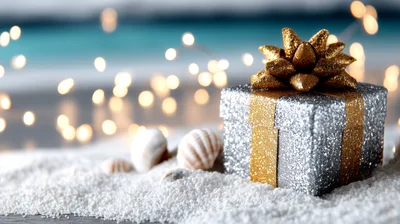 Silver Gift Box With Gold Bow On Sandy Beach