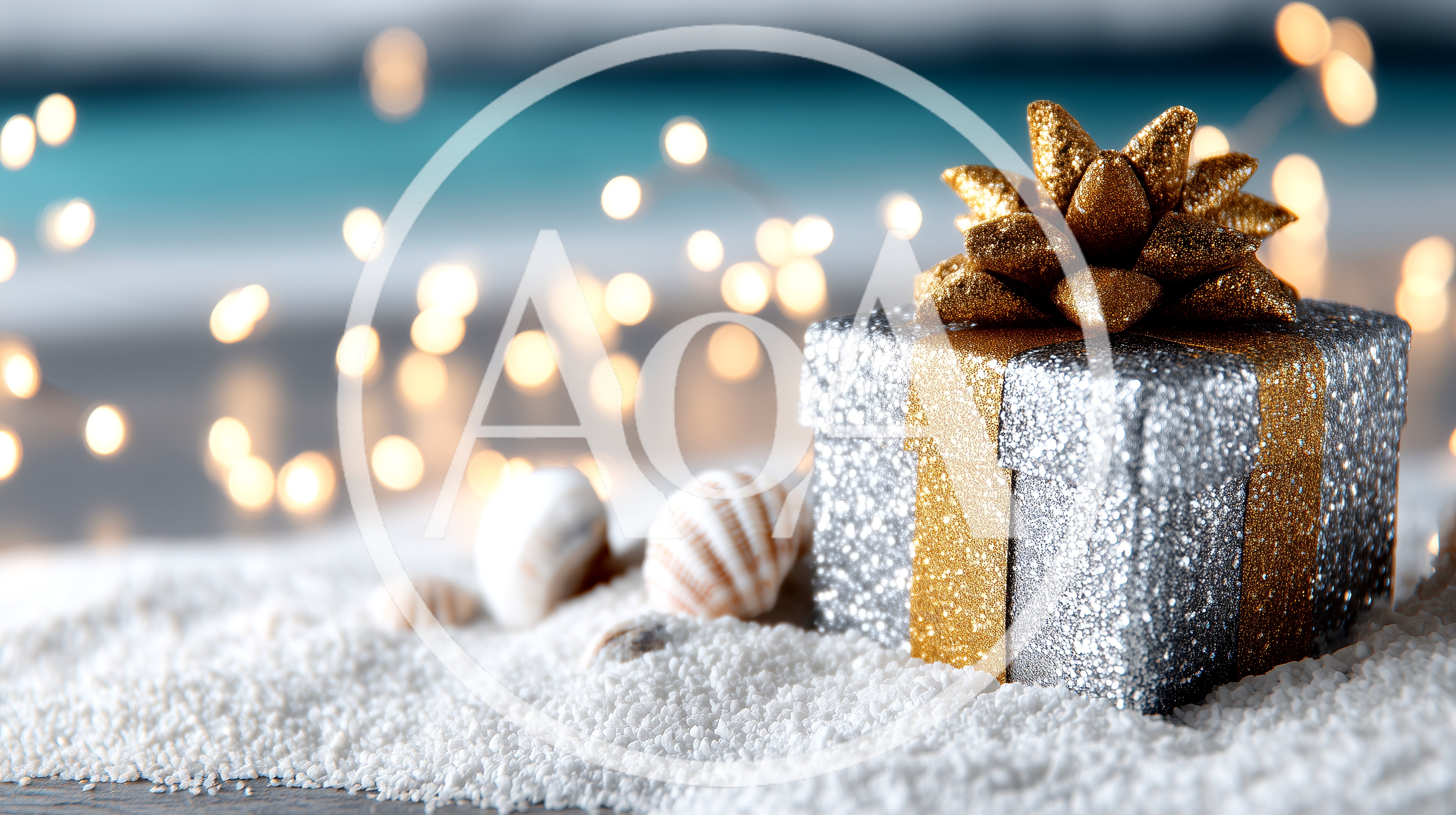 Silver Gift Box With Gold Bow On Sandy Beach