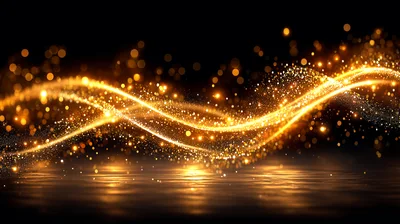 Golden Glittering Light Waves On Dark Background