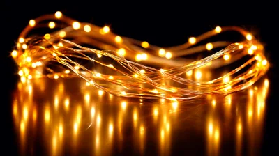 Glowing Warm Fairy Lights Coiled on Reflective Surface