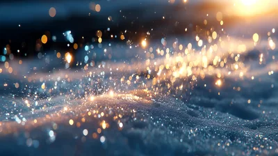 Golden Light Particles Sparkling Over Snowy Surface