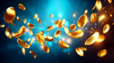 Golden Coins Floating In Abstract Blue Background