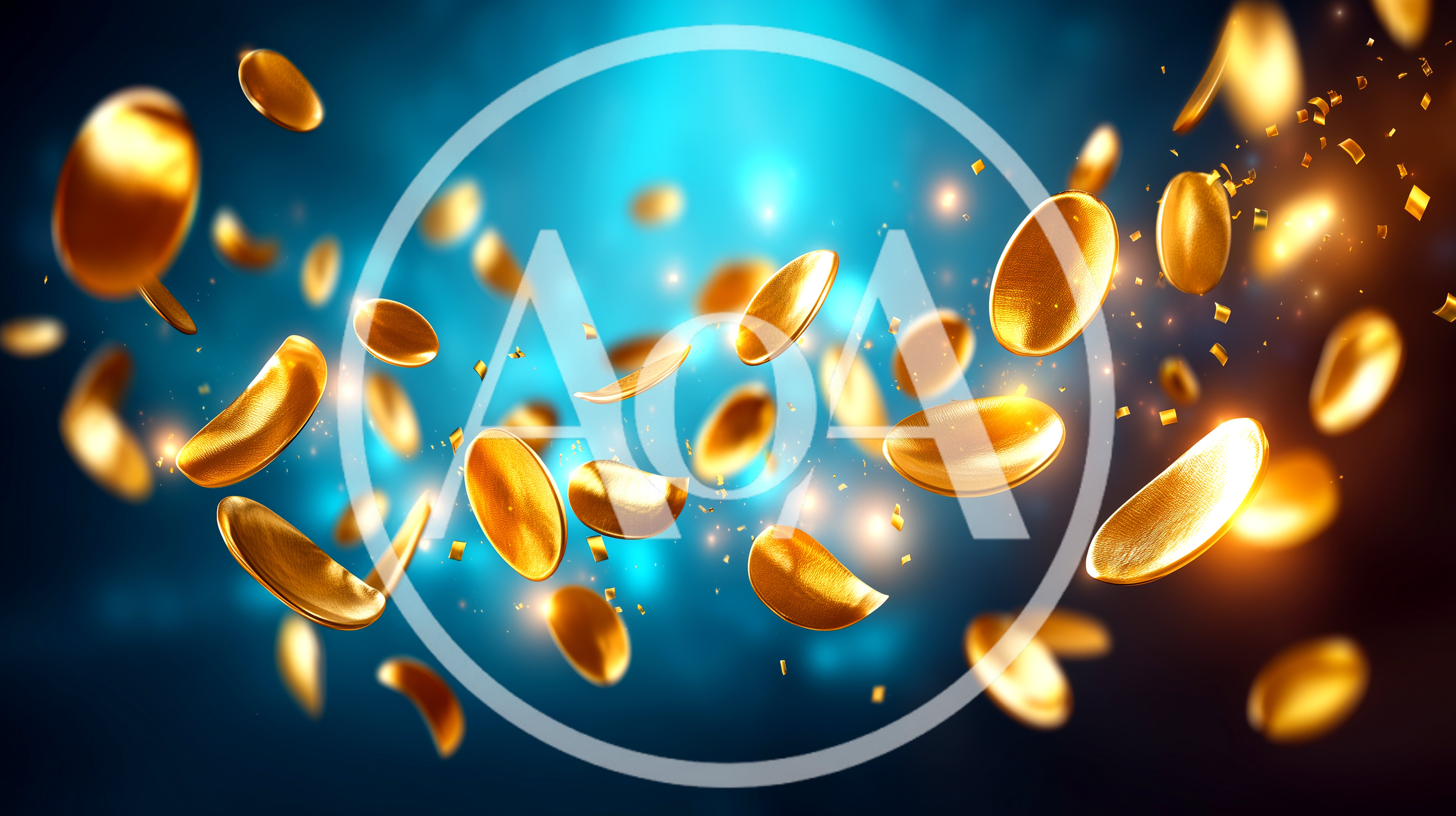 Golden Coins Floating In Abstract Blue Background