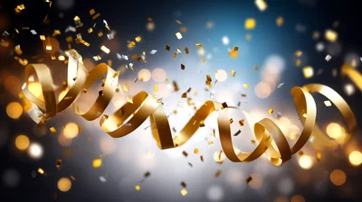 Golden Party Streamers And Confetti On Dark Background