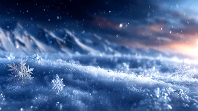 Macro Snowflakes Falling On A Snowy Mountain Landscape