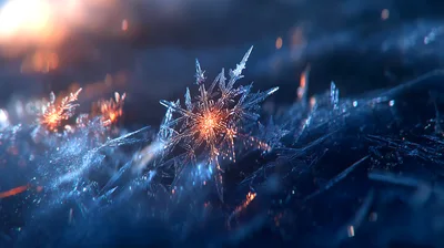 Macro Close Up Of Intricate Glowing Snowflake Crystals