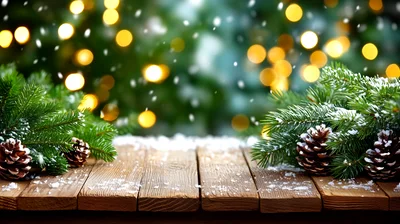 Christmas Pine Branches And Pinecones On Wooden Table