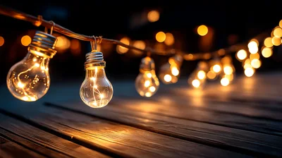 String Of Decorative Edison Light Bulbs At Night