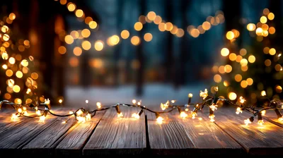 Christmas Fairy Lights On Rustic Wooden Table