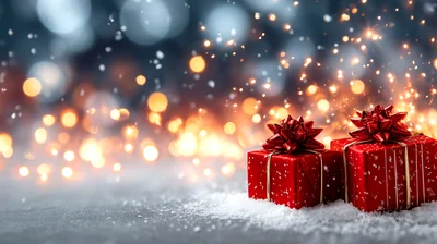 Two Red Christmas Gift Boxes On Snow