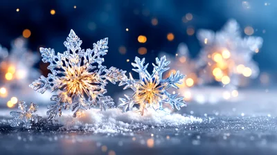 Glowing Crystal Snowflakes On Snowy Surface