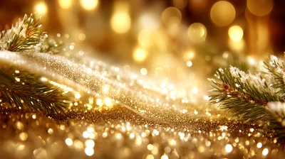 Golden Christmas Background With Pine Branches And Glitter