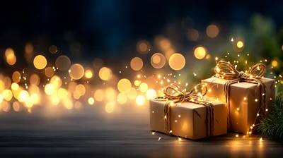 Two Wrapped Christmas Gifts With Fairy Lights
