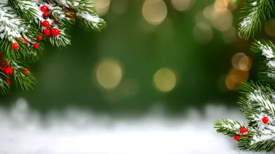 Christmas Pine Branches With Red Berries And Snow