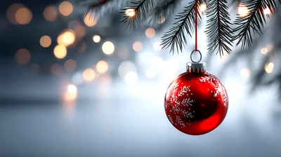 Red Christmas Ornament Hanging From Pine Branch