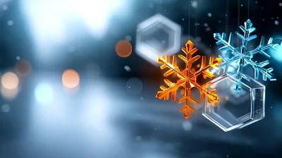 3D Glass Snowflakes Floating In Winter Atmosphere
