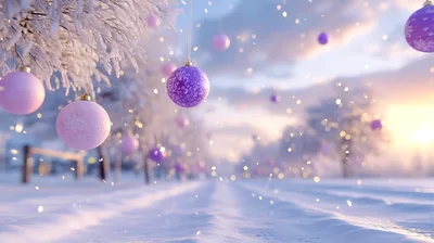 Purple Christmas Ornaments Hanging In Snowy Winter Landscape