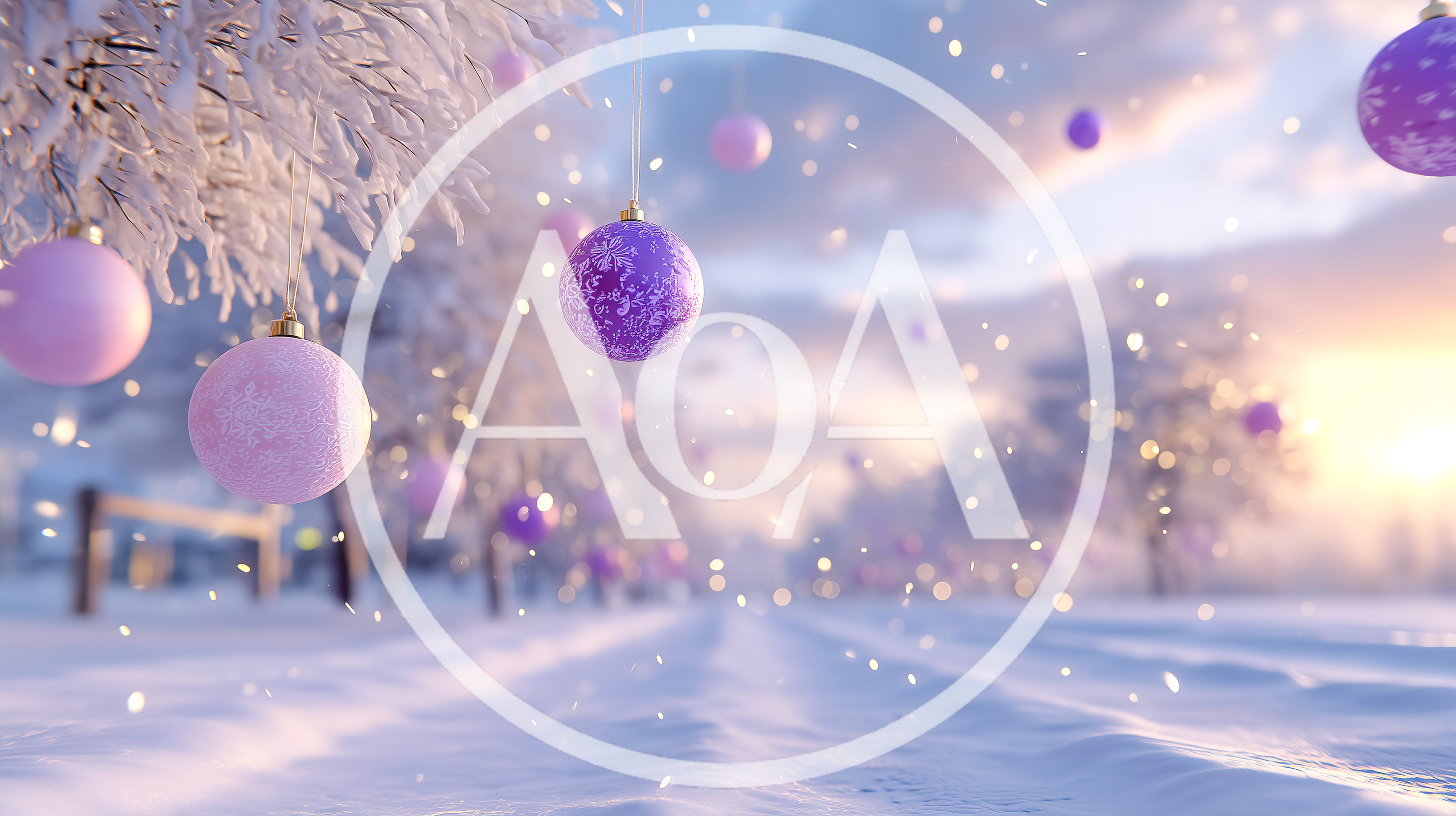 Purple Christmas Ornaments Hanging In Snowy Winter Landscape