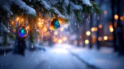 Christmas Ornaments Hanging From Snowy Pine Branches