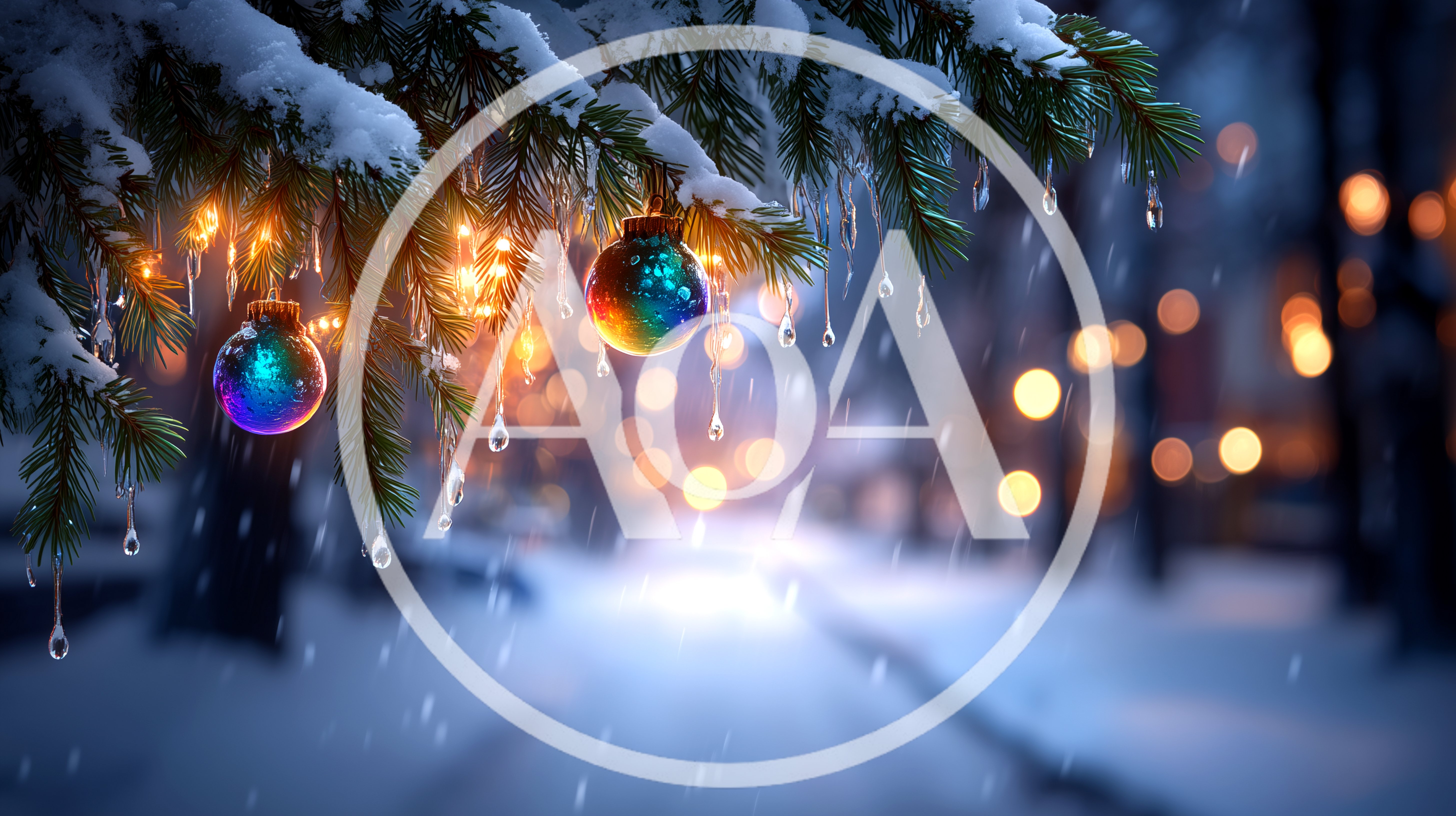 Christmas Ornaments Hanging From Snowy Pine Branches