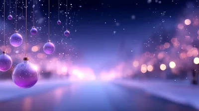 Hanging Purple Christmas Ornaments Over Snowy Street
