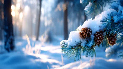 Snow Covered Pine Cones On A Winter Forest Branch