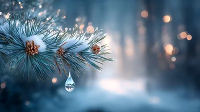Snow Covered Pine Branch With A Single Water Droplet