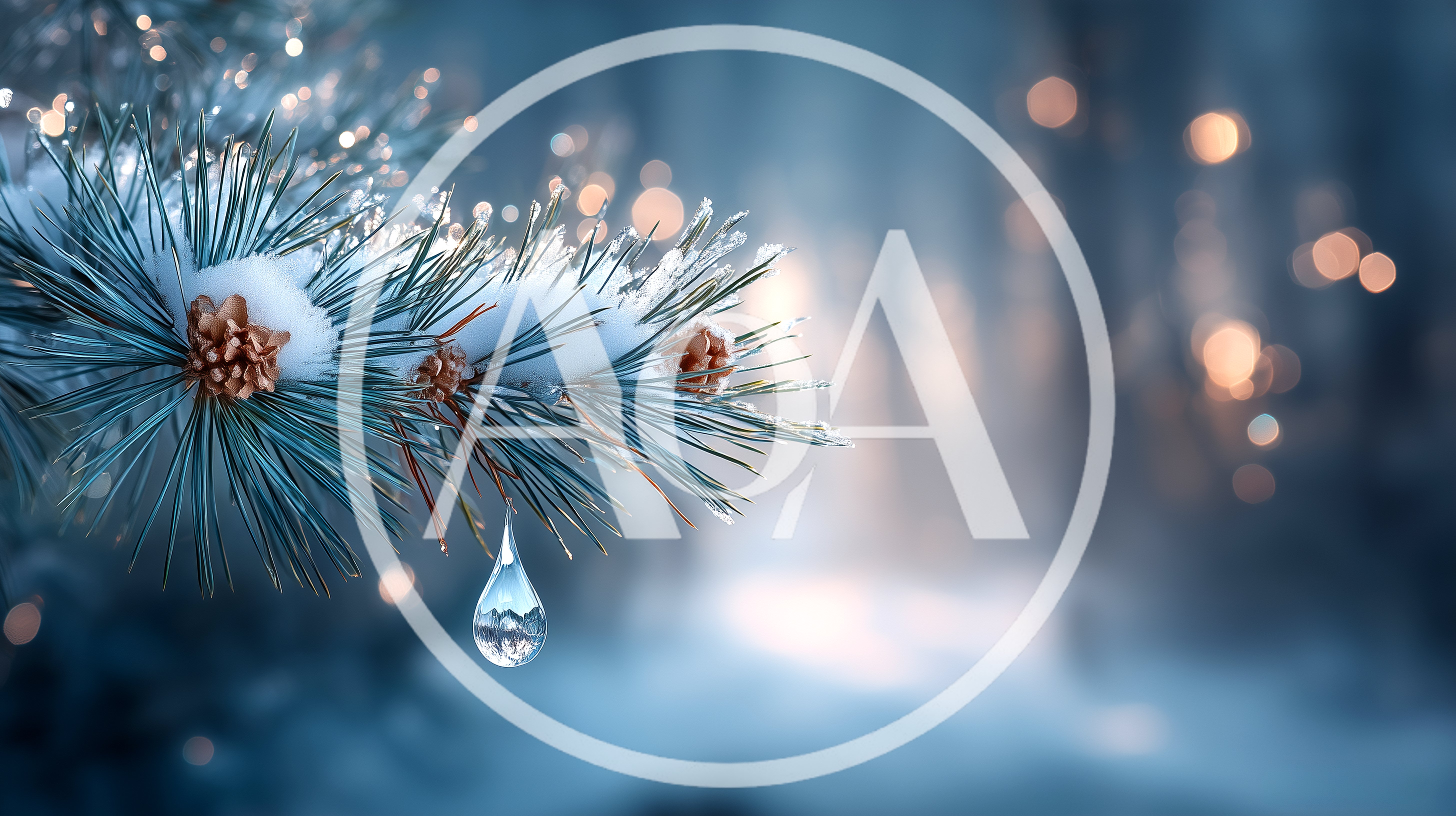 Snow Covered Pine Branch With A Single Water Droplet