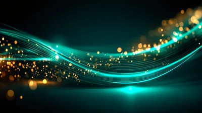 Abstract Teal Light Waves With Golden Particles