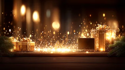 Golden Christmas Gift Boxes With Sparkling Lights