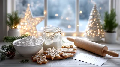 Christmas Baking Preparation With Cookies And Flour