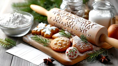 Christmas Baking Preparation With Embossed Rolling Pin