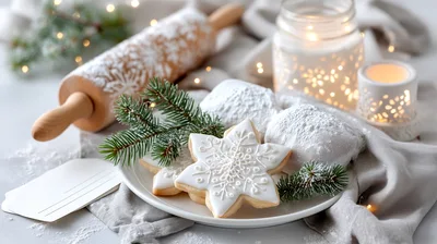 Christmas Snowflake Cookies With Rolling Pin And Decorations