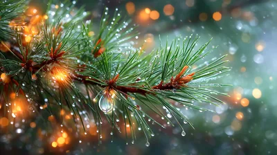 Pine Branch With Raindrops And Bokeh Lights