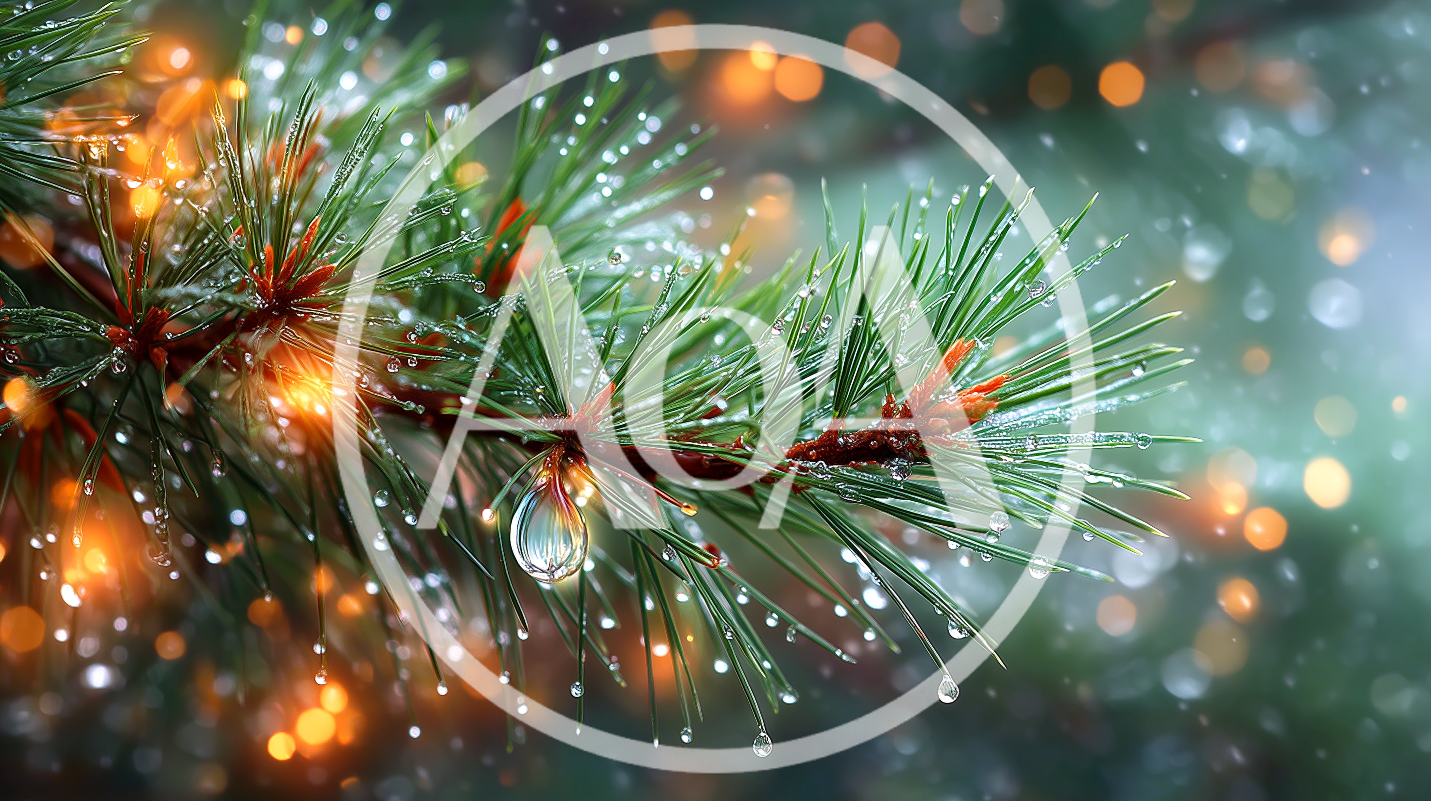 Pine Branch With Raindrops And Bokeh Lights