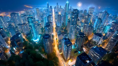 Aerial View Of A Modern City Skyline At Night