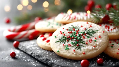 Christmas Sugar Cookies With Sprinkles On Slate