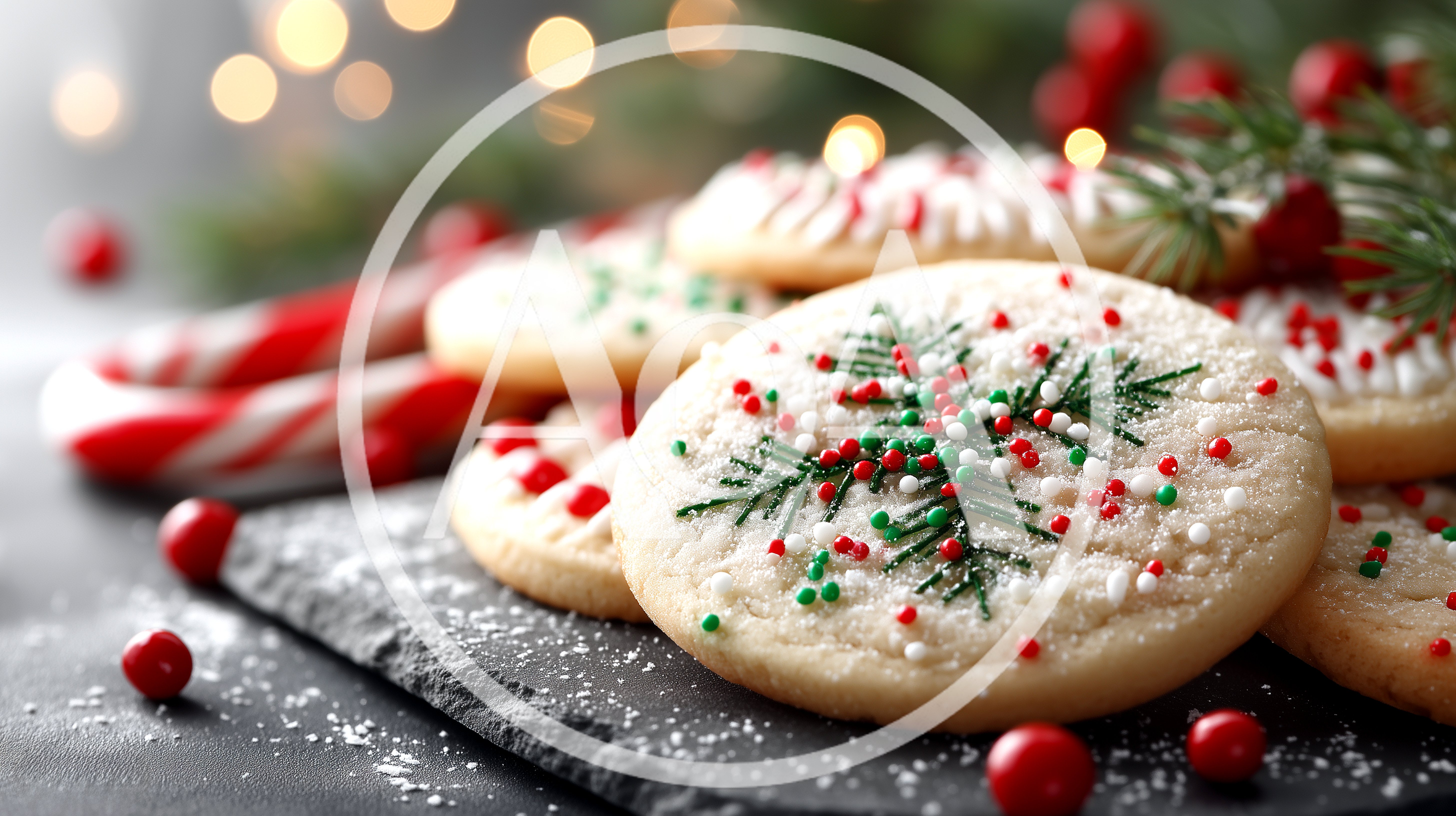 Christmas Sugar Cookies With Sprinkles On Slate