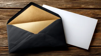 Open Black Envelope With Gold Lining On Wooden Surface