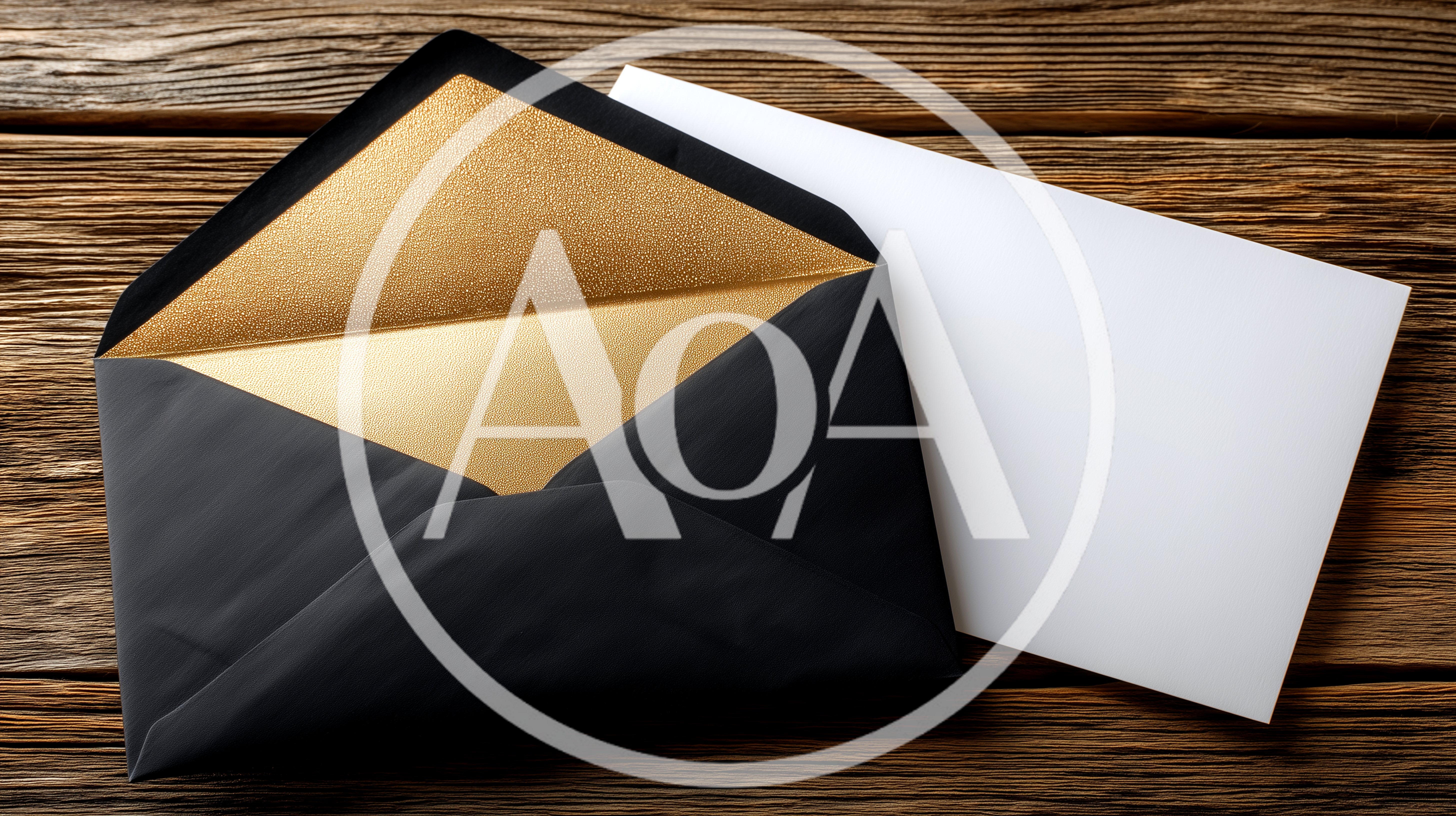 Open Black Envelope With Gold Lining On Wooden Surface