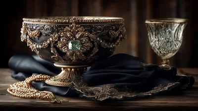 Ornate Antique Chalice With Pearls And Black Fabric